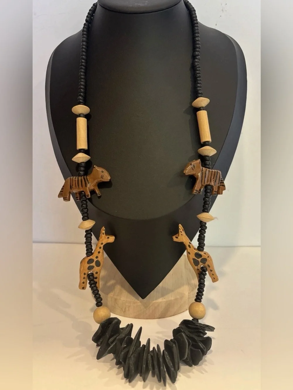 Vintage Hand Painted Wood Safari Animal Necklace Giraffe Tiger Bead Folk Art 30”
